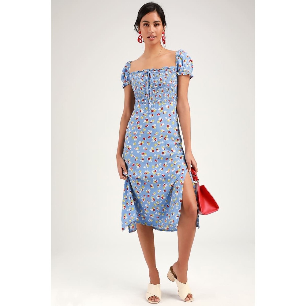 Faithfull The Brand Castilo Floral Smocked Puff Sleeve Midi Dress S‎